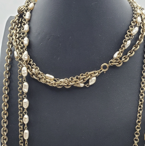 Faux Pearl Rhinestone Necklace Multi Layer Strand Antique Gold Tone Chain 48" L - Picture 5 of 8